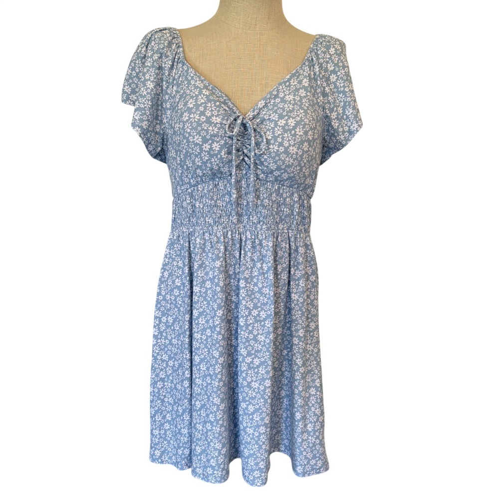 Women's Blue Smocked‎ Waist Milkmaid Mini Dress Cottagecore Countryside Large